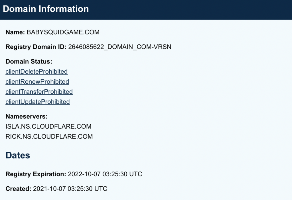 بعض المعلومات حول عملة لعبة الحبار الجديدة | المصدر: Lookup Icann