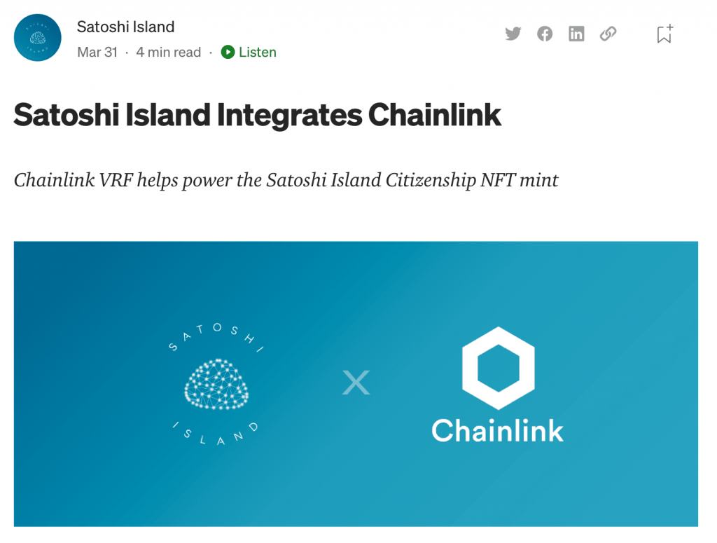 جزيرة ساتوشي تسكّ أول NFTs للمواطنة باستخدام تشين لينك | المصدر: Medium/Satoshi Island