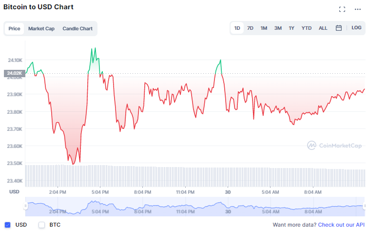 الهدوء يسود سوق التشفير والبيتكوين تقترب من مستوى 24 ألف دولار | المصدر: CoinMarketCap 