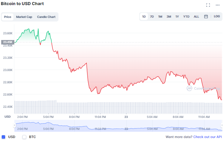 الأحمر يعود إلى سوق التشفير والبيتكوين BTC أقل بقليل من 23 ألف دولار | المصدر: CoinMarketCap 