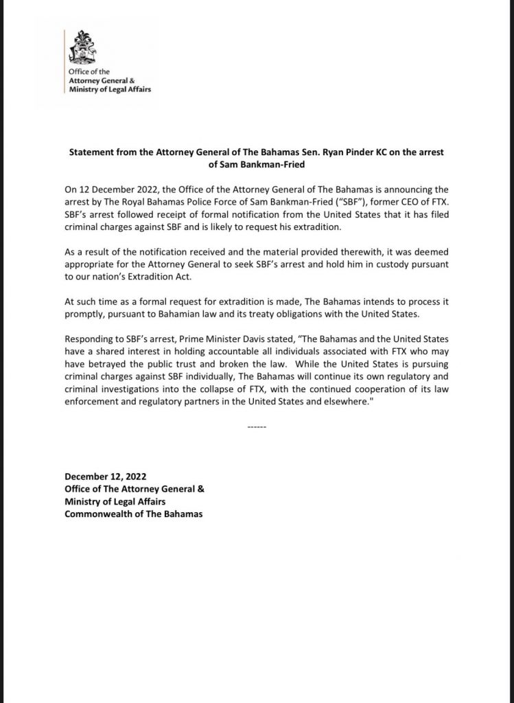رسالة المدعي العام لجزر الباهاما عن اعتقال سام بانكمان فرايد