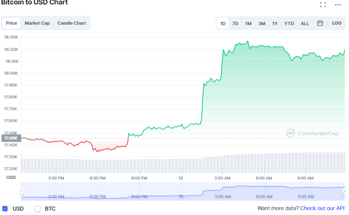 سعر البيتكوين يرتفع فوق 18 ألف دولار | المصدر: CoinMarketCap