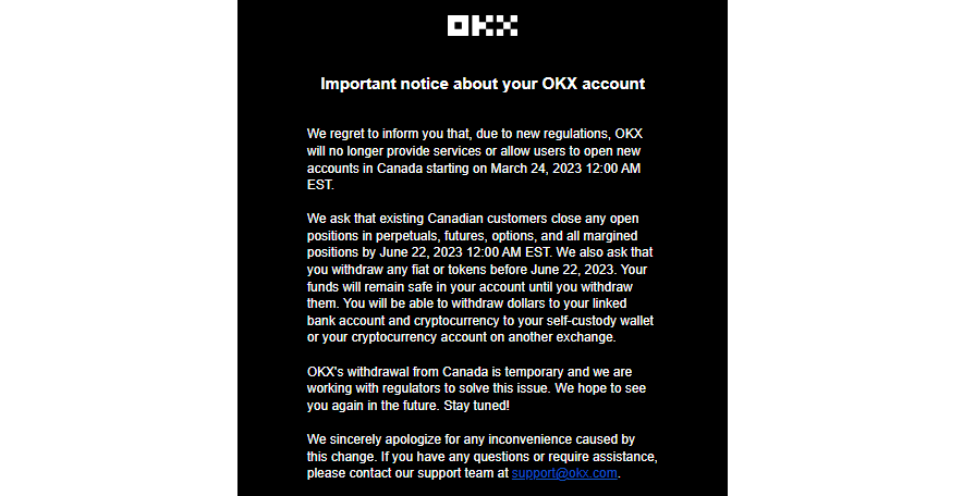 بورصة OKX تخرج من السوق الكندية بحلول يونيو 2023